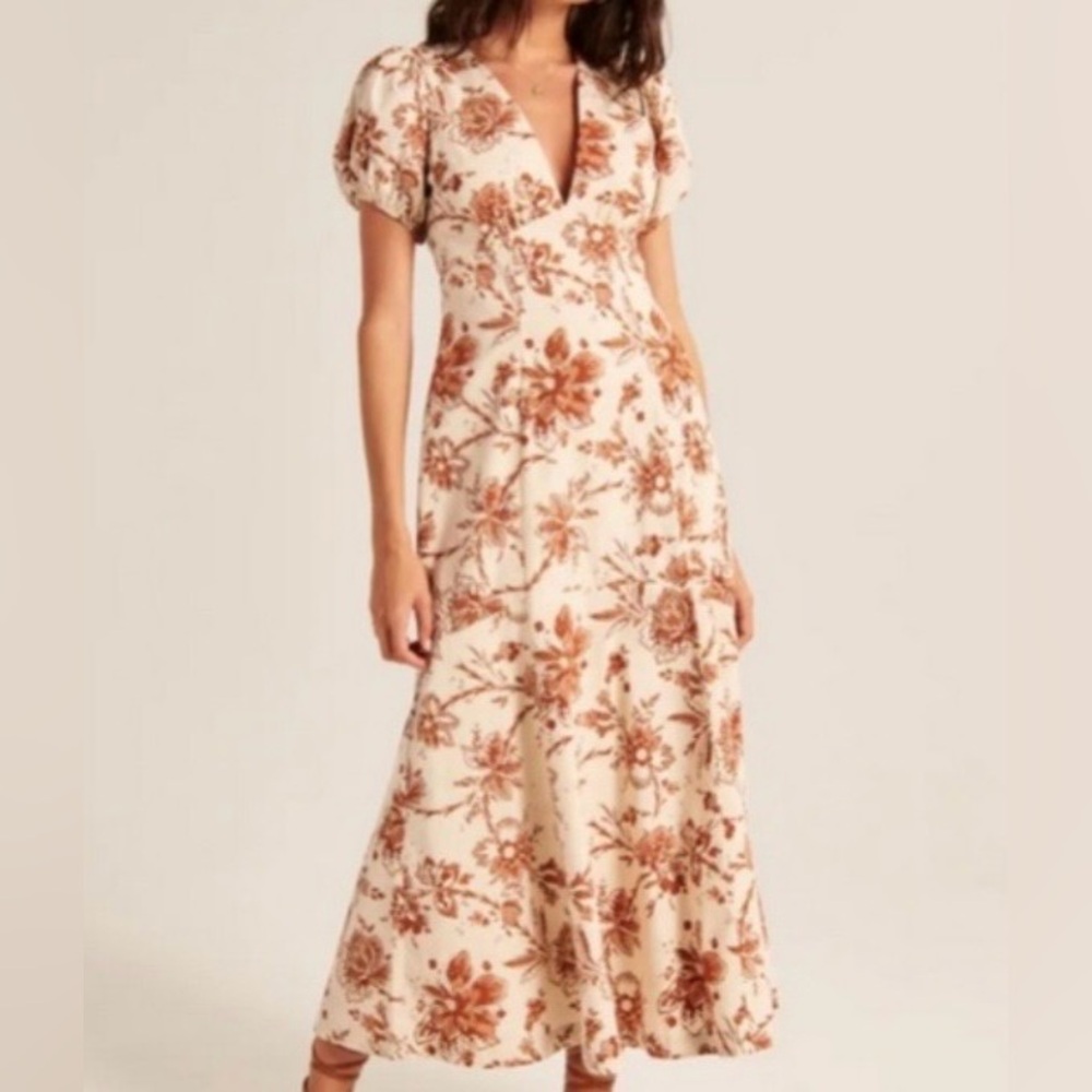 Abercrombie & Fitch floral Puff Sleeve Poplin Midi Dress Square low back vneck S
